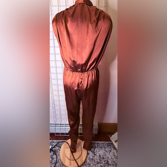 Awesome, vintage Satin Copper Brown Women's Jumpsuit with Elastic Waist - Picture 9 of 11